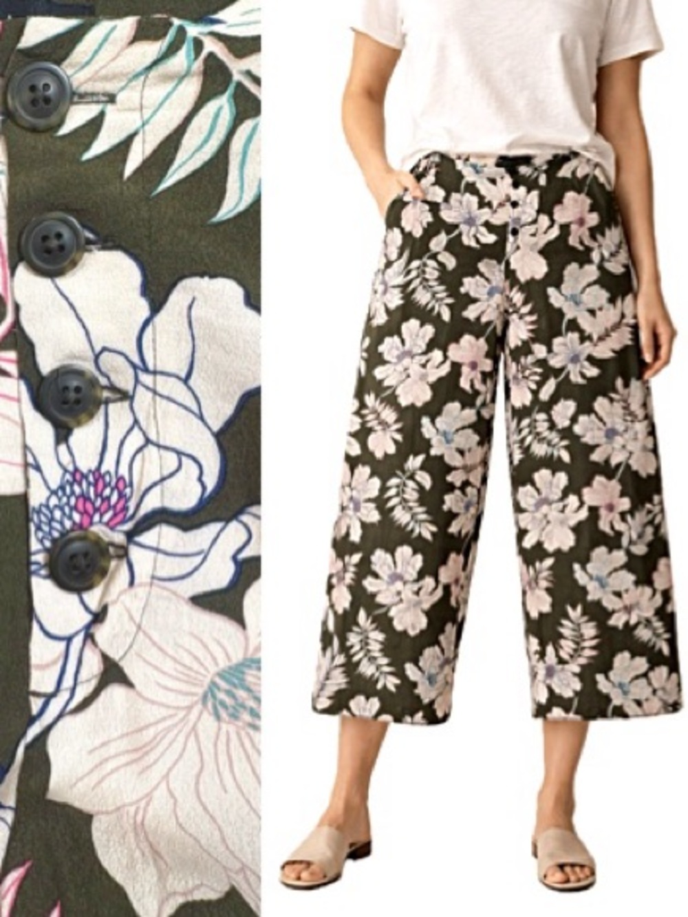 Sanctuary Hawaiian Floral Print Wide Leg Cropped Pant Womens Size Large Olive